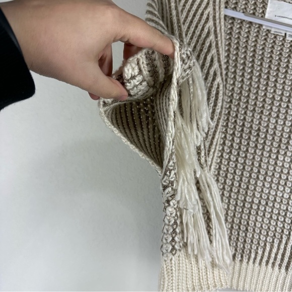 Anthropologie Gold White Striped Knit Fringe Short Sleeve Open Cardigan One Size - Picture 3 of 7